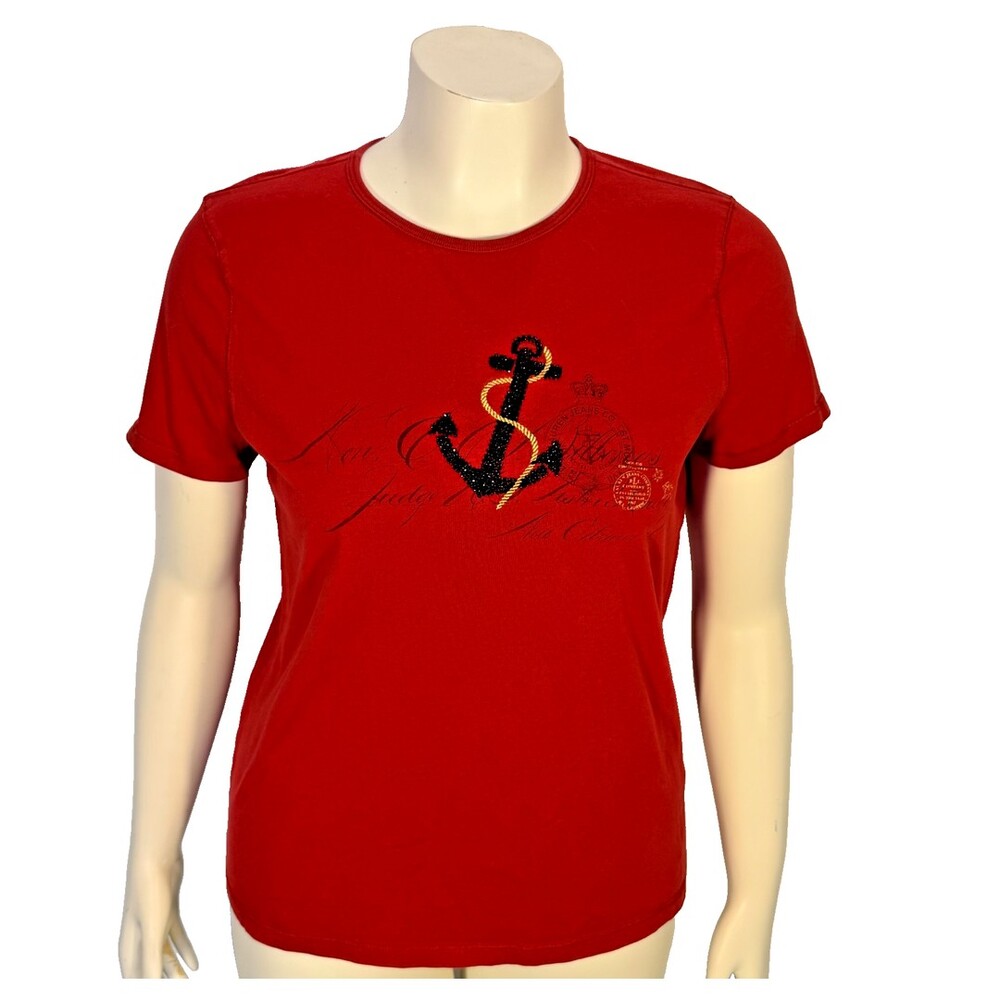 Lauren Ralph Lauren Women's XL Red Tee Shirt Black Beaded Anchor Nautical